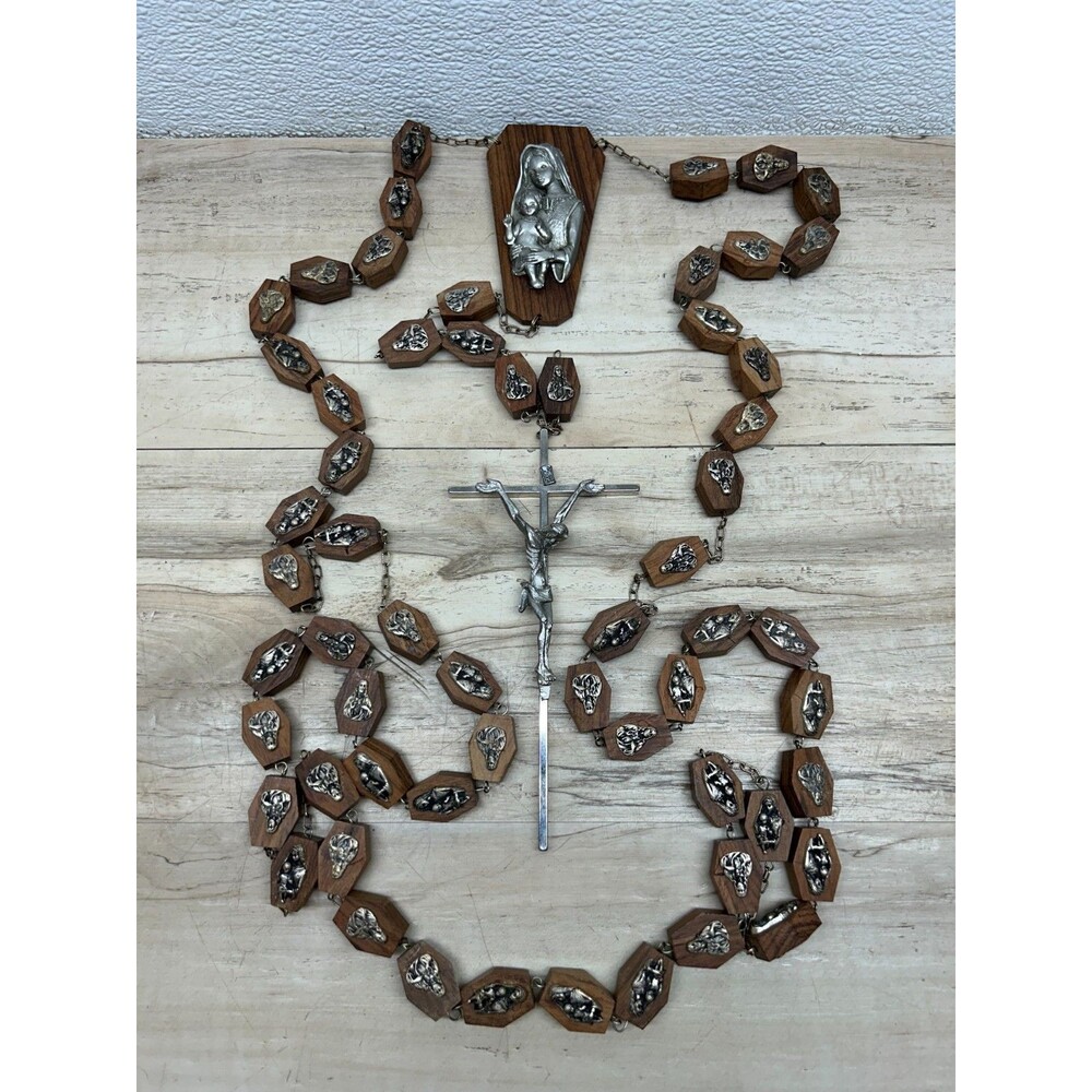 Vintage 74" Large Wall Hanging Rosary Wood Beats Pewter Ware A.L. Mark Italy